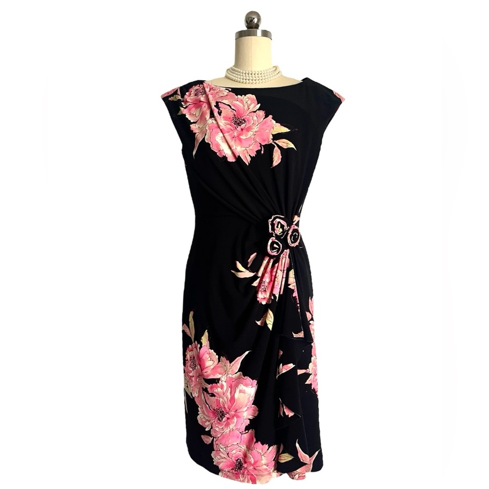 JONES NEW YORK Womens Sleeveless Floral Print Rosettes BodyconShift Dress Size 6